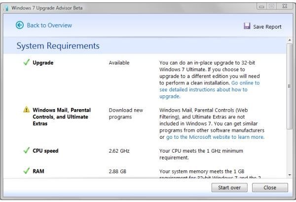 Windows 7 Upgrade Advisor Report