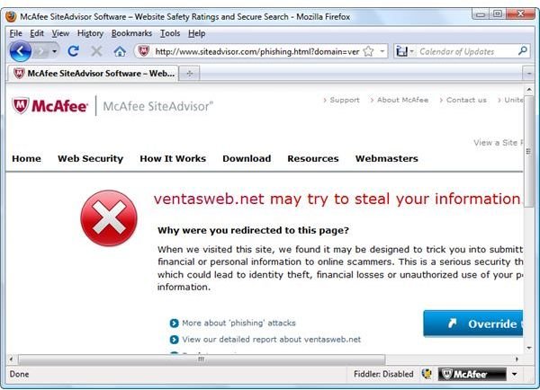 McAfee Detects Phishing Page