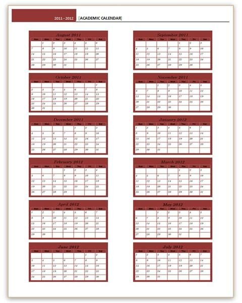 2011 - 2012 Academic Calendar Template
