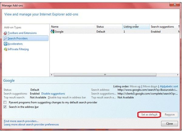 Fig 2 - How to change default Search Provider in IE9