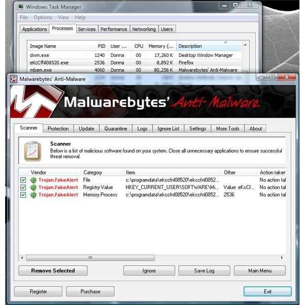 MBAM detects and remove active fake antivirus software