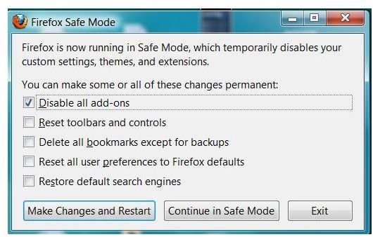 Firefox Safe Mode Troubleshooting Options