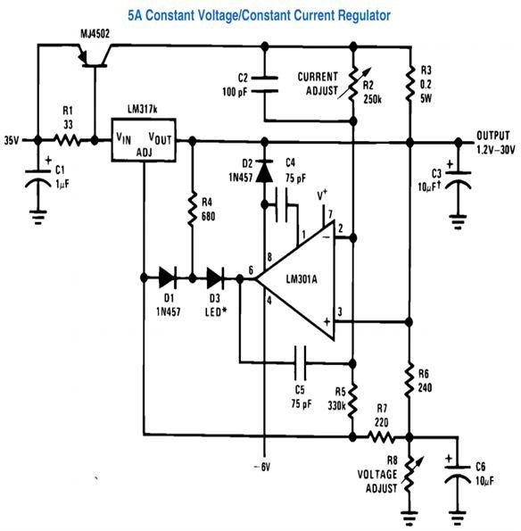 LM317, 5A Constant Voltage, Constant Current Regulator Circuit Diagram, Image