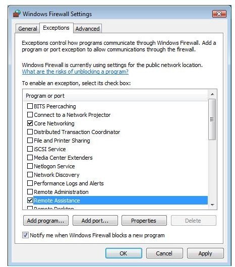 Firewall and Remote Assistance in Windows