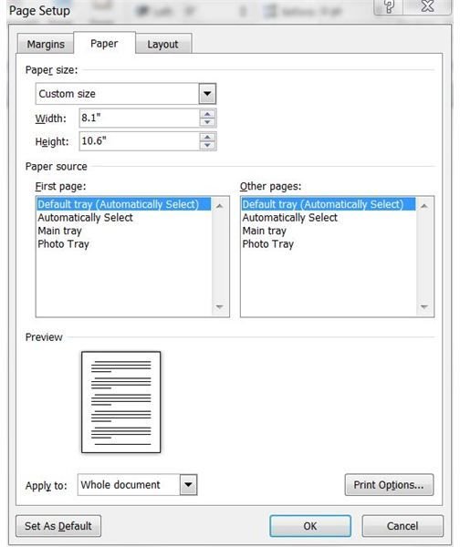 Page layout and setup using Microsoft Word: paper