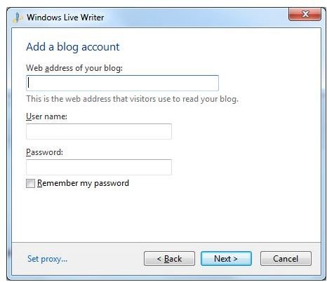 Add Blog Account: Windows Live Writer