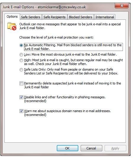 Managing Outlook Spam Filter Details