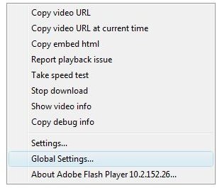 Flash Player Menu: Global Settings