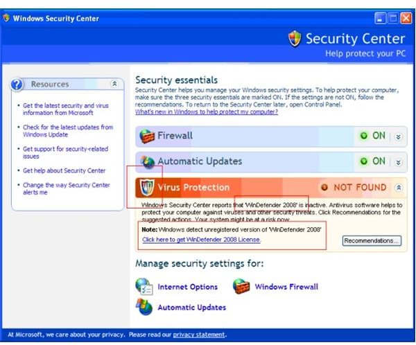 A New Spyware Application Mimics Windows Security Center - WinDefender 2008