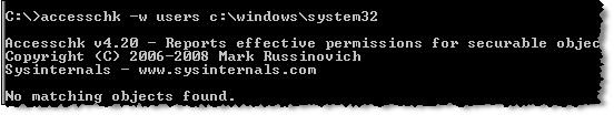 Figure 5: Check for wtie access for members of USERS group to System32 (No access found)