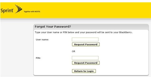Sprint BlackBerry password reset screen. 