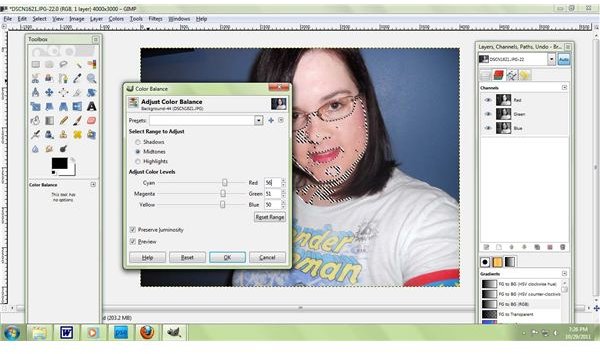 Adjust RGB values in GIMP to correct skin tone