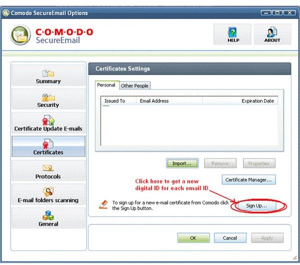 Fig 1 Comodo SecureMail - Getting a Certificate