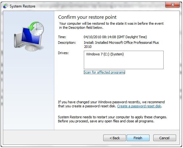 Confirming your System Restore point in Window 7