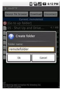 AndFTP For Google Android - Folder Creation