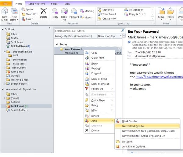 Fig 4 - Spam Blocking in Microsoft Outlook 2010 - Add to Safe Senders