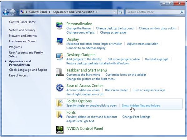 Click on the Show Hidden Files and Folders Link