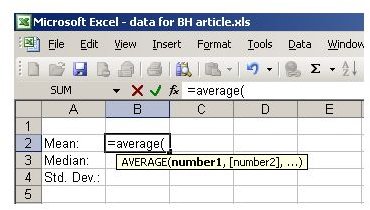 mean using the function AVERAGE in Excel