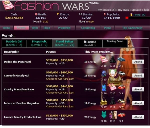 Celebrity events in Fashion Wars game 