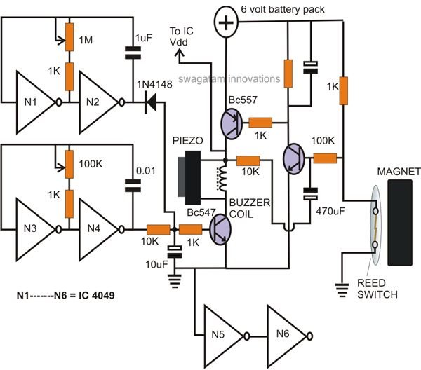 Battery Operated Door and Window Alarm Circuit Diagram, Image
