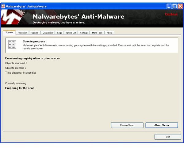 Malwarebytes Anti-Malware - Scan in Progress to Remove Spyware and Viruses