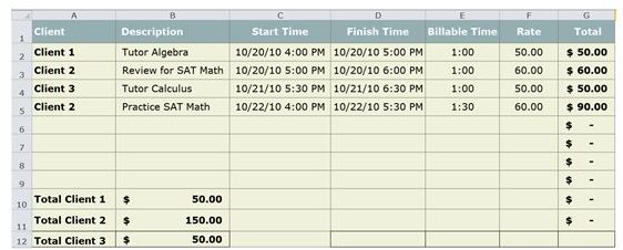 Excel Time Tracking - Math Lessons