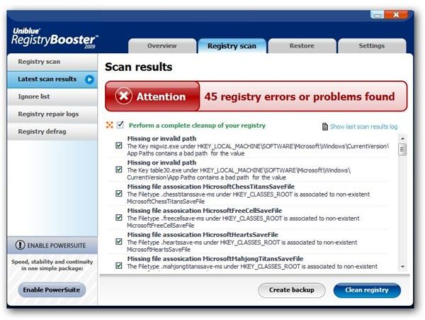 Registry Booster 2009 Scan Results
