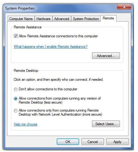 System Properties Remote Desktop Connection Setup
