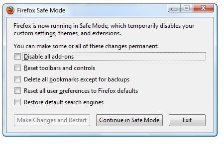 Options to Use Firefox Safe Mode