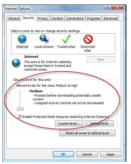 Low IE internet zone security level
