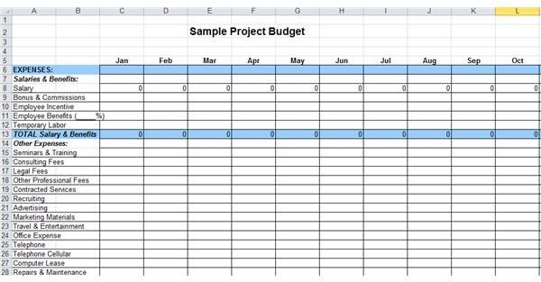 screenshot of sample project budget
