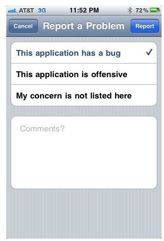Report an iPhone App Problem screenshot