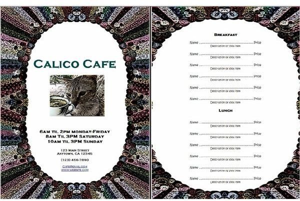 The Calico Cafe menu template is perfect for your casual dining endeavor