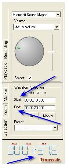 ExpStudio Audio Editor Waveform Selection Panel