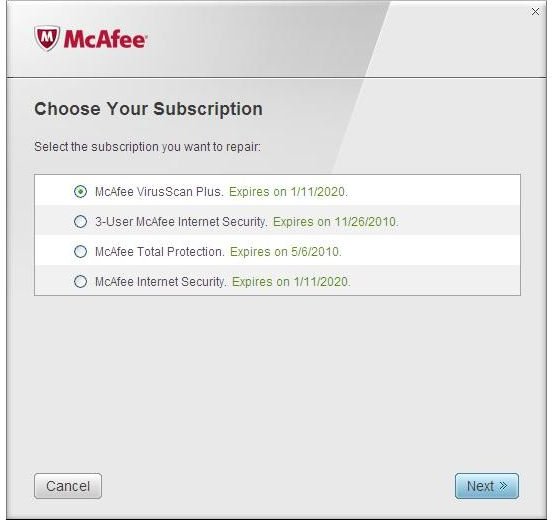 McAfee Cannot Verify Subscription - Repair Tool