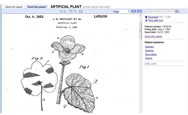 copy of 1923 patent on creation of an artificial plant