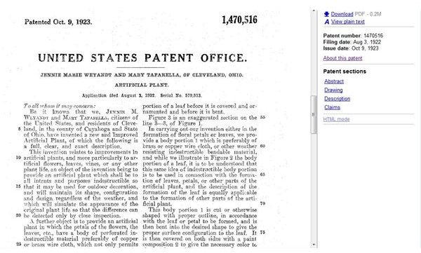 description in patent filing of artificial plant from 1923 patent