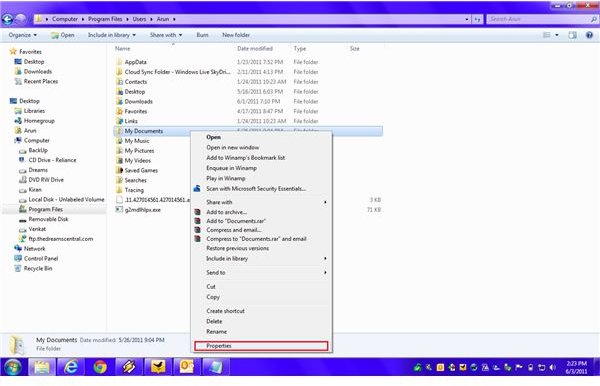 Fig 1 - Changing the Location of My Documents Folder in Windows 7