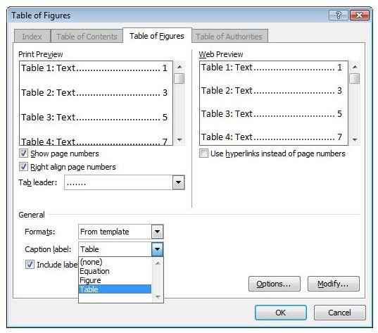 Create Index of Tables in Microsoft Word 2007
