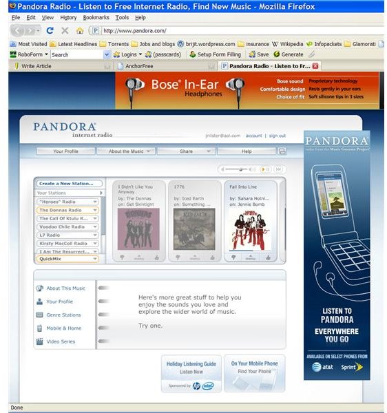 Pandora (with Hotspot Shield provided ad at top)