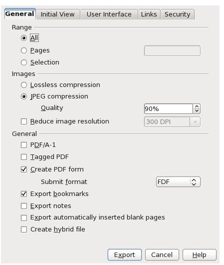 The OpenOffice Export to PDF window.