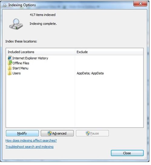 Windows 7 Advanced Search Options