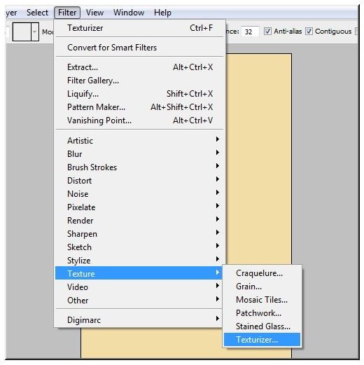 Choose Texturizer from the Filter drowdown menu