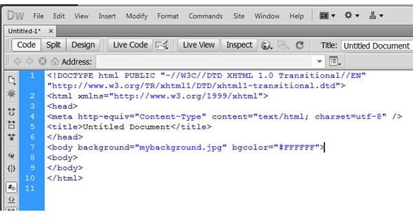 The placement of raw HTML code within the Dreamweaver Document