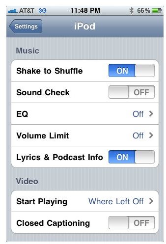 iPod setting menu