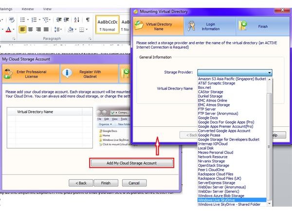Fig 3 - Selecting SkyDrive in Gladinet SkyDrive Desktop