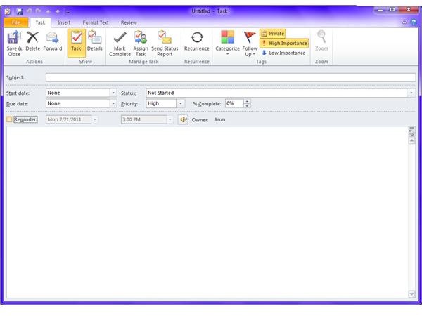 Fig 2 - The New Task Window - How to Create Task and SubTask in MS Outlook