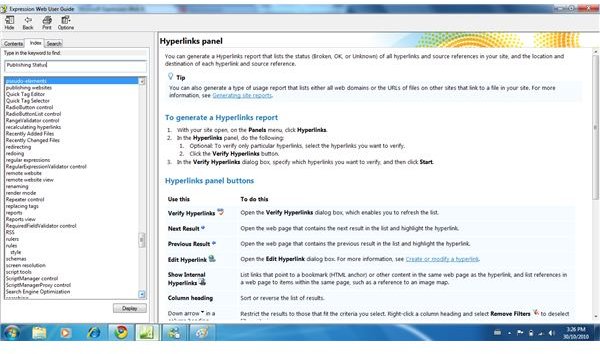 Expression Web Help Explaining Panel Uses