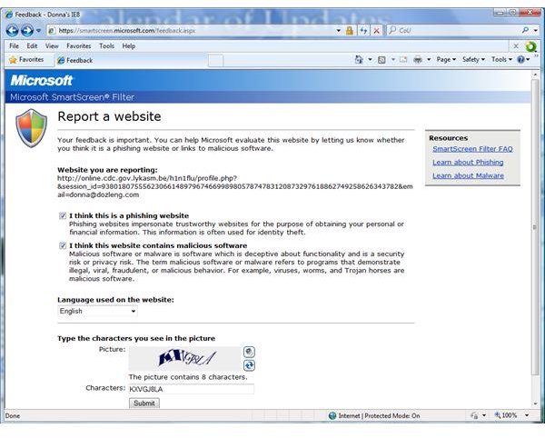 Reporting a Phishing Website Using IE