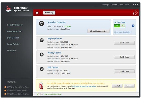 Comodo System Cleaner Home Screen